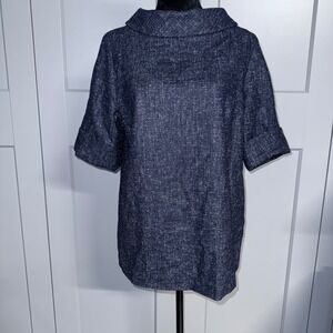 Escada Navy Blue White Textured Cowl Neck Tunic Blouse Top 40 Wool Cashmere M/L